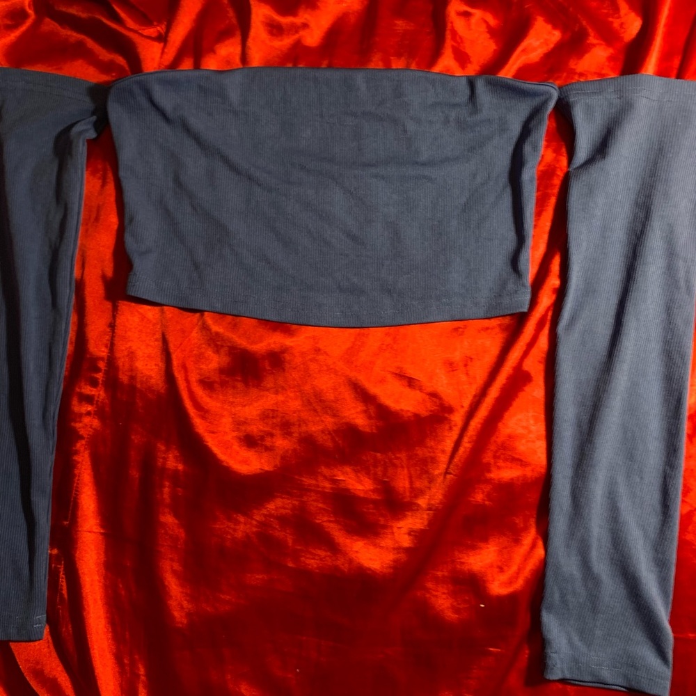 Trendy Blue Long Sleeve Crop Fitted Off Shoulder